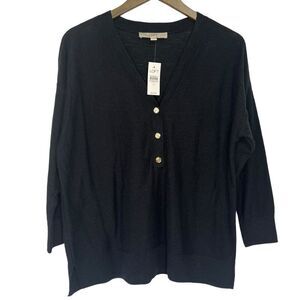 LOFT Cotton Blend Sweater Womens Medium Navy Blue 3/4 Sleeve Pullover V-Neck